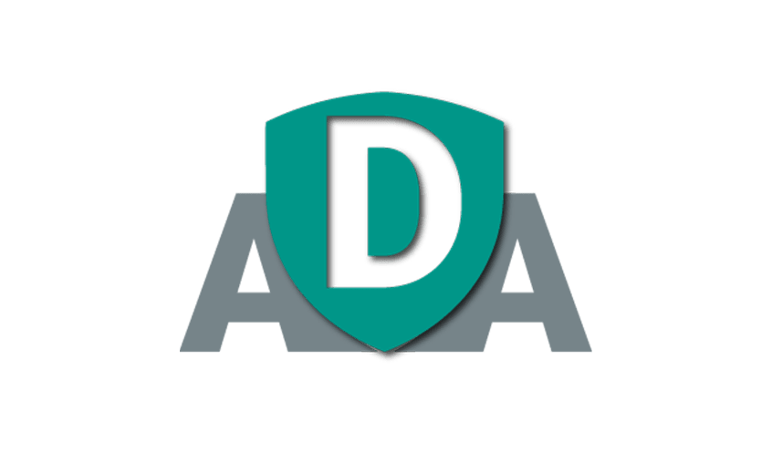 Logo containing the letters ADA with the letter D displayed within a green shield.