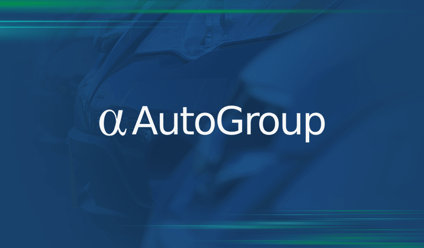 A background of a row of parked cars neatly lined up in a parking lot with a blue overlay features the Alpha Auto Group logo in white in the center.
