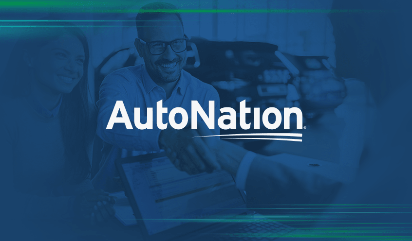 Blue color image with a company logo "AutoNation" overlay and a couple shaking hands with a salesperson to complete a translation in the image background.
