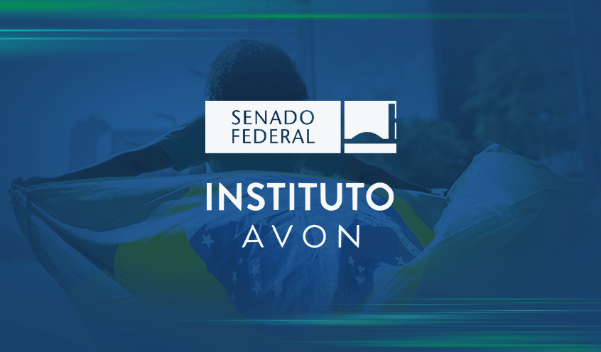 Federal Senate of Brazil and Avon Institute Brazil logos overlaying an image of a woman holding Brazilian flag.