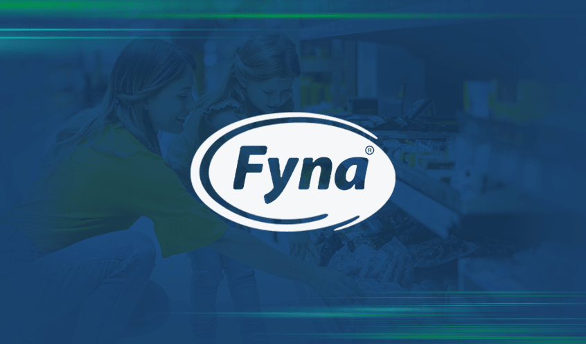 A background of a woman and child examining various food items displayed in a grocery store aisle with a blue overlay features the Fyna Foods logo in white in the center.
