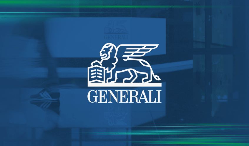 A white lion with wings holding a book emblem and the word "GENERALI" are displayed on a blue background.