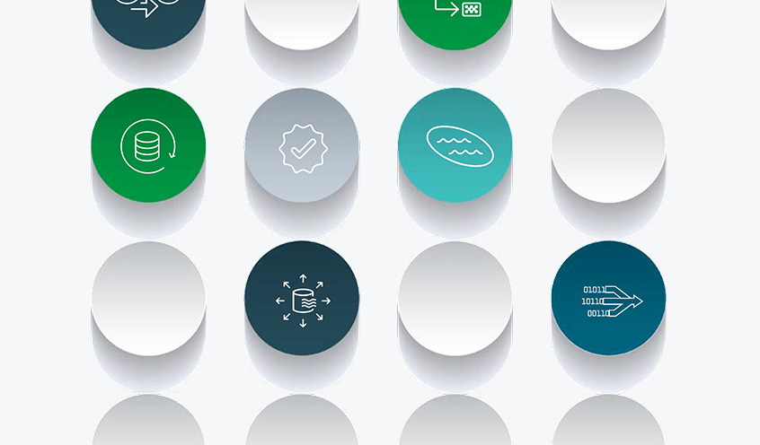 A grid of 12 circular icons with various data and technology-related symbols in different shades of blue and green.