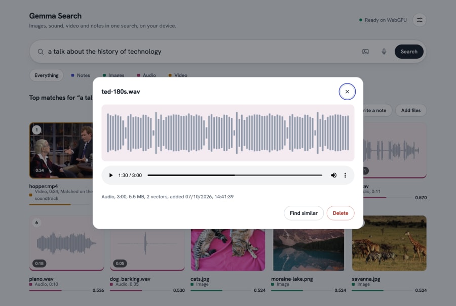 The viewer for ted-180s.wav, opened from search results, with the player already at 1:30 of 3:00