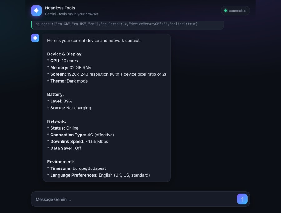 The chat asking for device context: a Device context tool card returning battery, network, screen, timezone and CPU, and the model's formatted summary