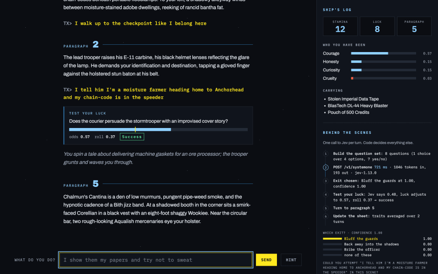 A turn of the gamebook: the typed action, a Test your Luck panel showing odds 0.57, roll 0.37 and Success, and the Behind the scenes panel listing the steps the engine took