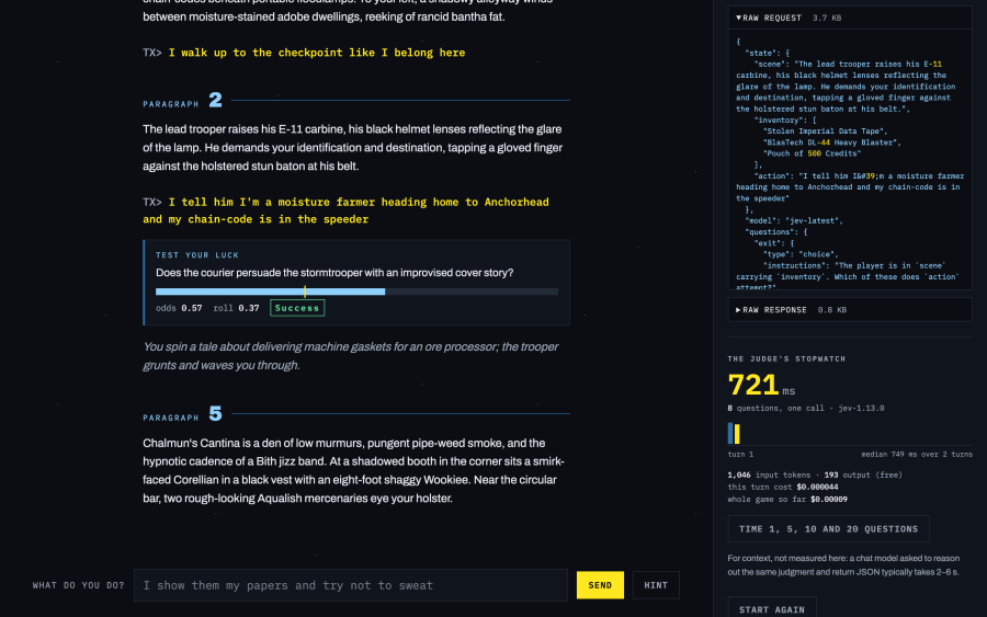 The raw request panel open in the page: the exact JSON state and questions sent to Jev for the current turn