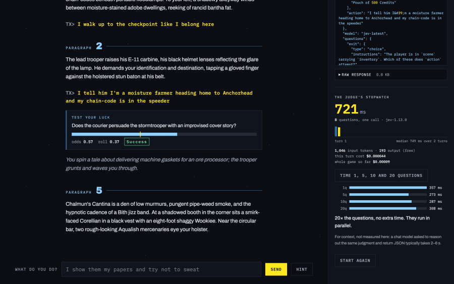 The judge's stopwatch panel: 721 ms for the last turn with 8 questions, token counts and cost, and a bar chart of 1, 5, 10 and 20 questions all landing between 273 and 357 ms