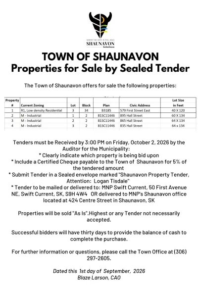 Town of Shaunavon Properties for Sale by Sealed Tender