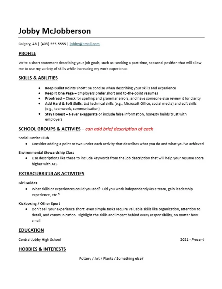 Youth Resume Example