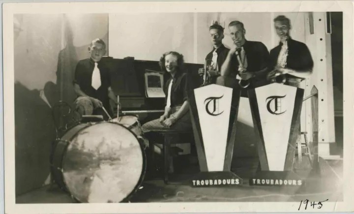 High School Band “Troubadours” 1945 Names of those pictured are: Lorna Cochran, Lloyd Cochran, Gerald Green, John Fraser, Reggie Darwin