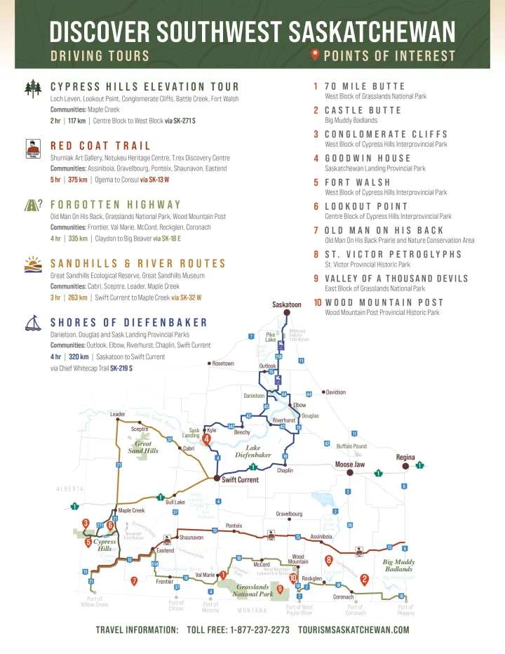 Embark on an unforgettable journey and explore the great Southwest Saskatchewan! 

Discover Southwest Saskatchewan's Map & Travel Guide provides locations, images and visitor information for the many communities throughout the Southwest. 

Shaunavon is part of the Red Coat Trail, spanning 375 Km via SK-13 W from Ogema to Consul! Experience all our community has to offer on your travels this summer

[Click here to view the full Map & Travel Guide by Discover SW Sask](https://greatsouthwest.ca/destination-area/driving-tours/)

[For other maps, tours and must-see locations visit Discover SW Saskatchewan]( https://greatsouthwest.ca/)