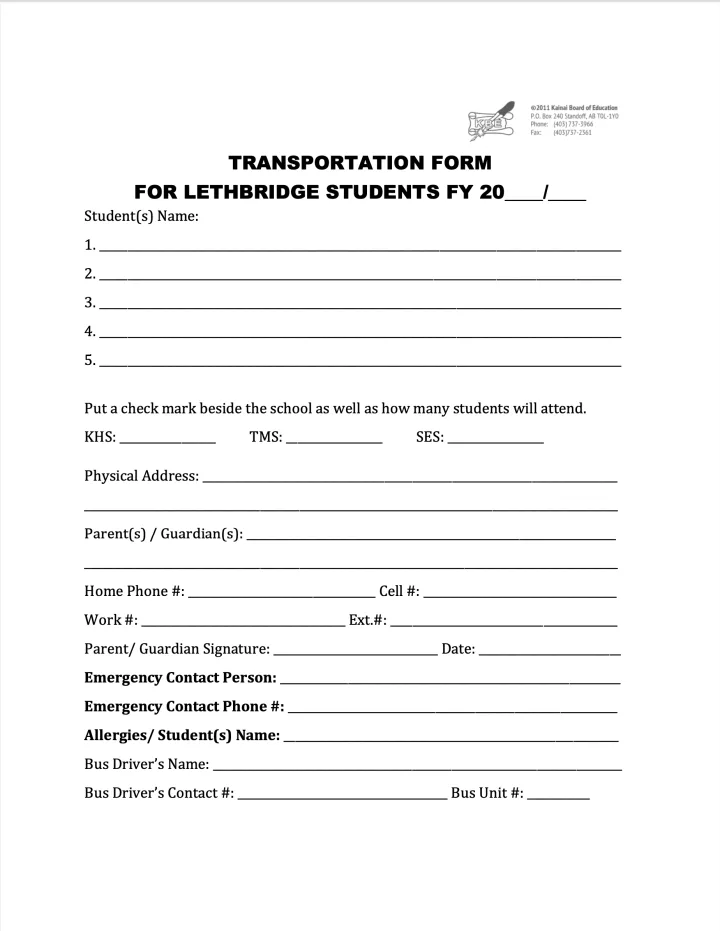 Transportation Form for Lethbridge, Coalhurst, Fort Macleod