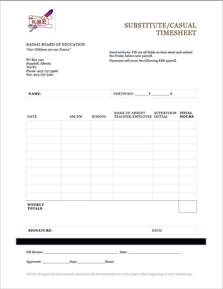 Subsitute Casual Timesheet