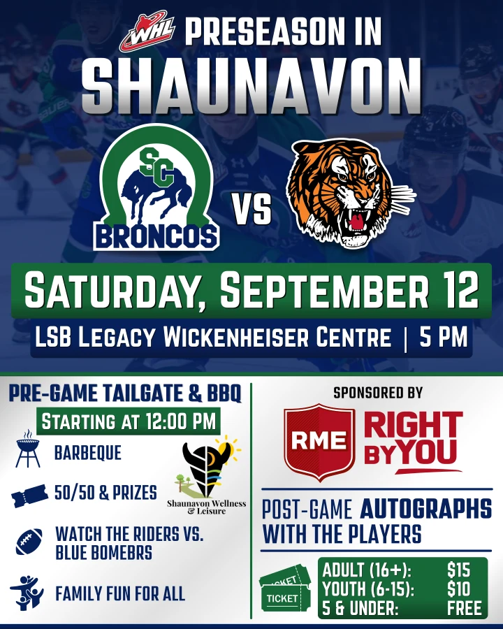 WHL PRE-SEASON GAME COMING TO SHAUNAVON: BRONCOS VS TIGERS