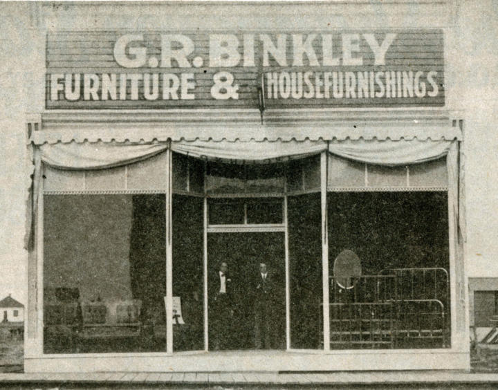 **March 1914**: Work started on Binkley's Furniture Store with funeral supplies at the back - 25ft x 70ft, one storey building. Abrahamson Bros., contractor. The business was operated by Glenn Ray (G.R.) Binkley, an experienced furniture man and funeral director who relocated to Shaunavon from Swift Current. **May 1914**: G.R. Binkley opened his furniture store and funeral home.