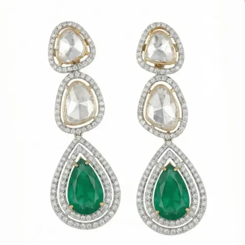 DIAMOND EMERALD POTA PAN POLKI EARRING