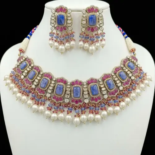 DIAMOND POLKI TANZANITE RUBY SET