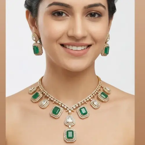 EMERALD OCTO DIAMOND DIAMOND CHAKARI ROSE CUT POLKI SET