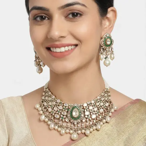 DIAMOND POLKI EMERALD PAN POTA SET