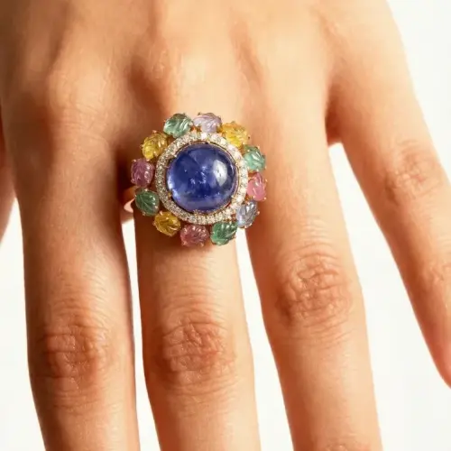 MULTI SAPPHIRE LEAVES TANZANITE  DIAMOND RING