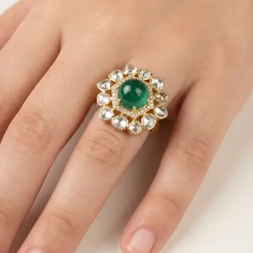 EMERALD POTA DIAMOND POLKI RING