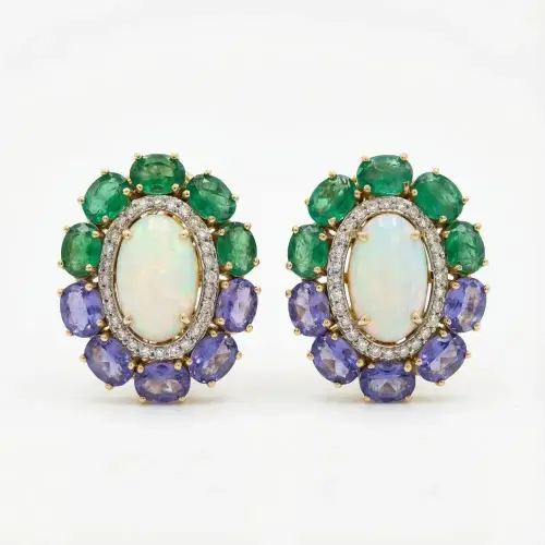 OPAL TANZANITE EMERALD POTA DIAMOND EARRINGS
