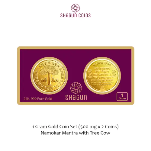1 GRAM GOLD COIN SET NEW   (500 mg. x 2 COINS) namokar mantra with tree cow