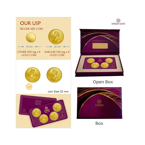 2 GRAM GOLD COIN SET NEW  (500 MG. x 4 COINS)KING QUEEN