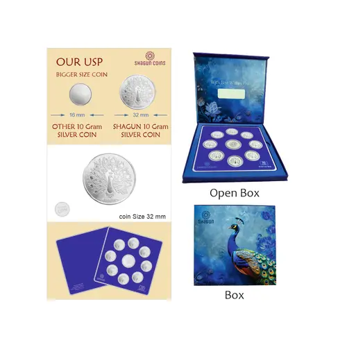 10 GRAM SILVER COIN SET , BIG SIZE - MAYUR