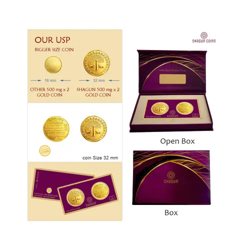 1 GRAM GOLD COIN SET NEW   (500 mg. x 2 COINS) namokar mantra with tree cow
