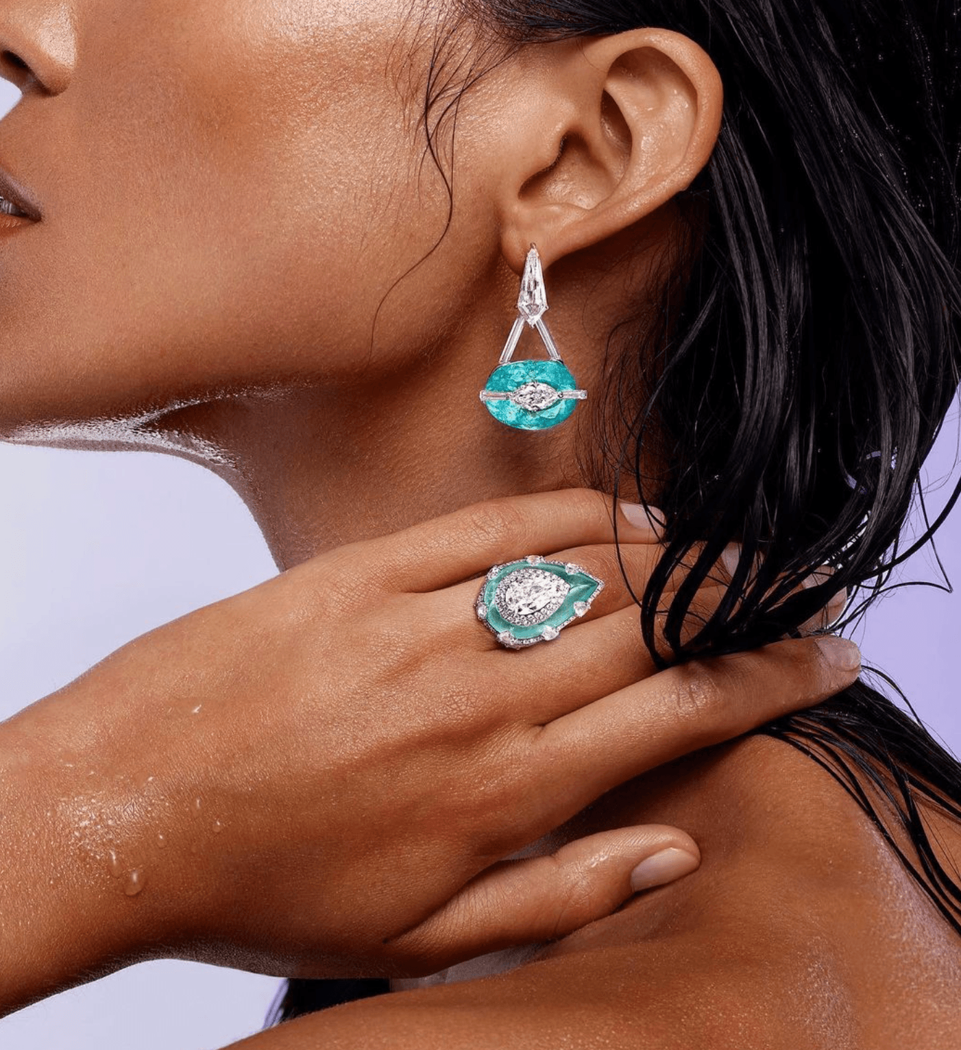 Paraiba and Diamond Inlay Ring and Kissing Earring 