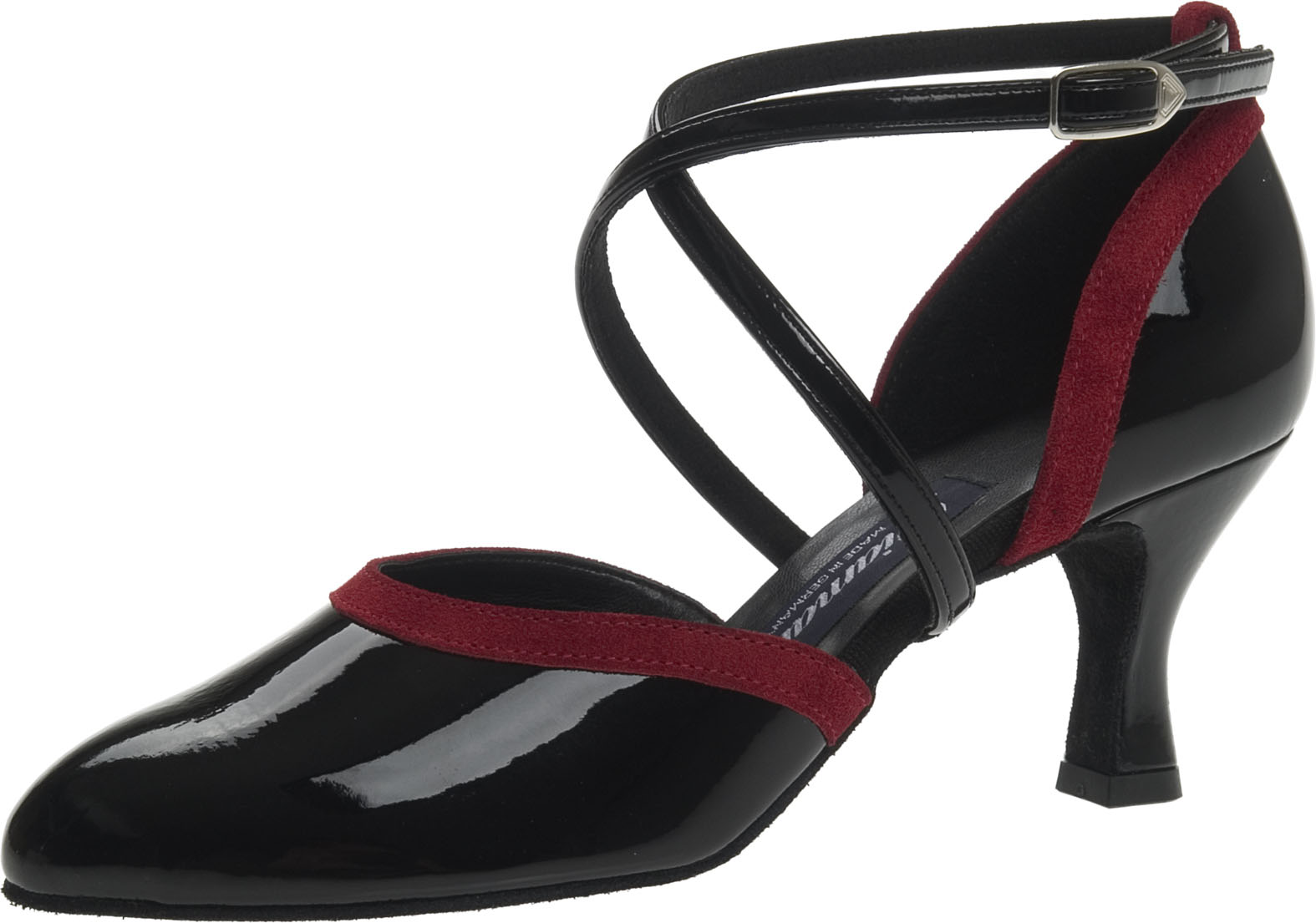 Mod. 047 ladies dance shoes width E regular width Flare heel 6 5 cm black patent synth. red suede