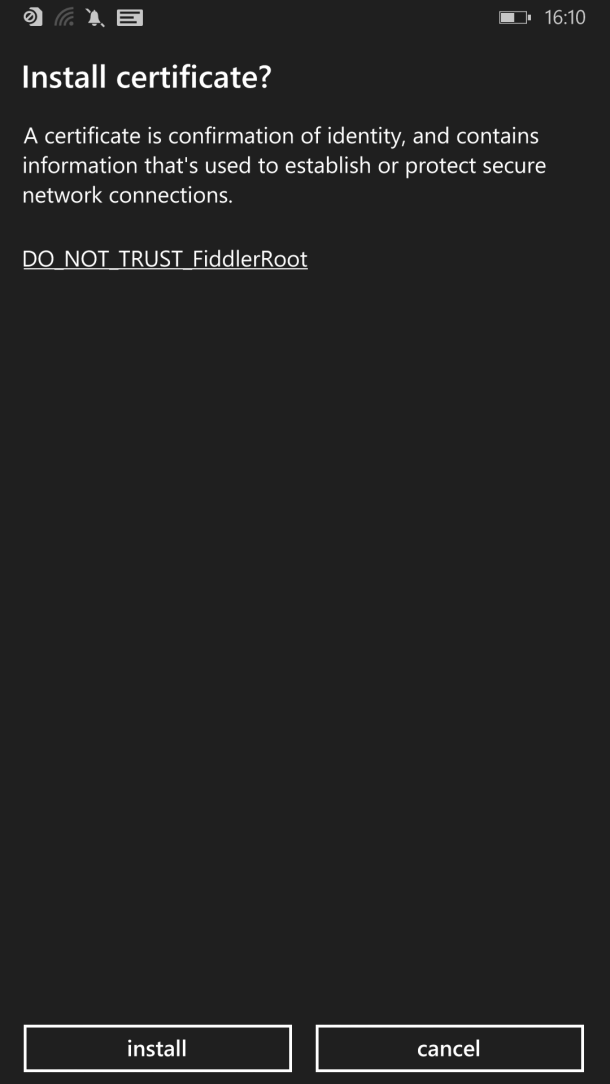 Installing fiddler root certificate on Windows Phone