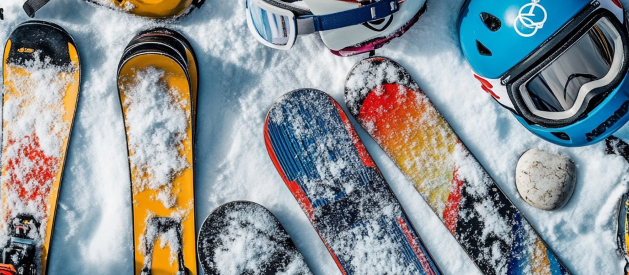 a collection of ski and snowboard gear