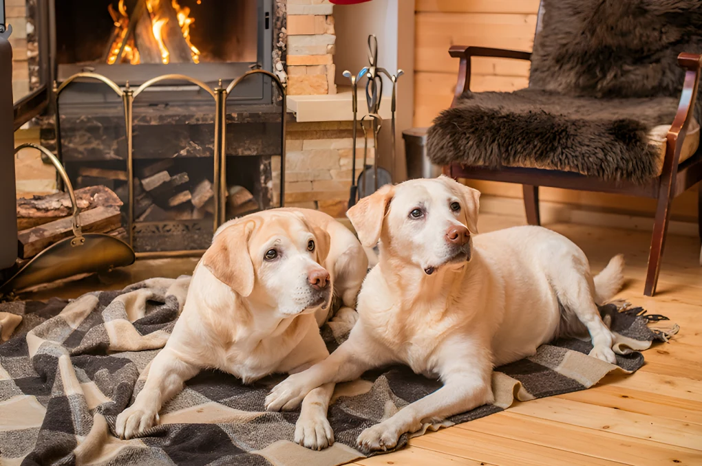 Dogs relaxing in the Alpine Village Suites lobby