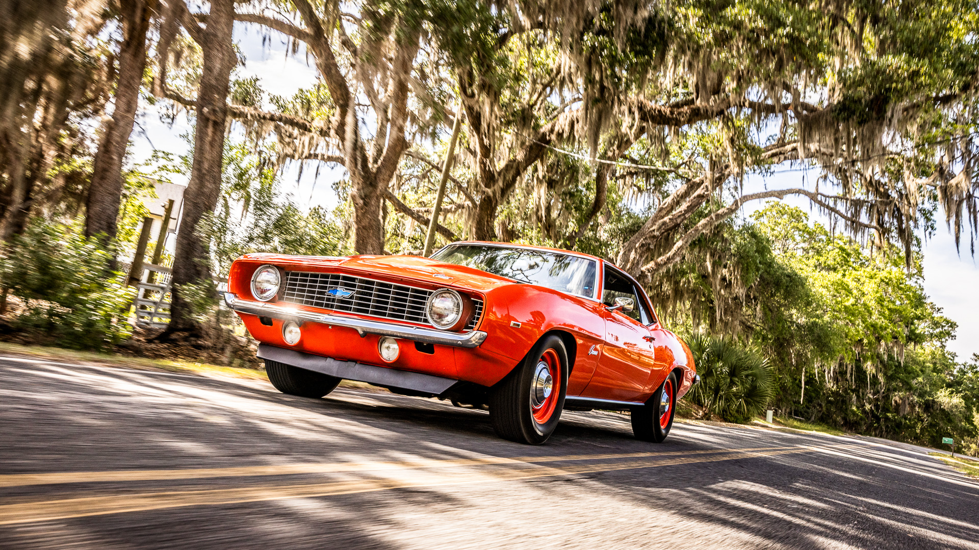 1969 Camaro muscle car profile on the road
