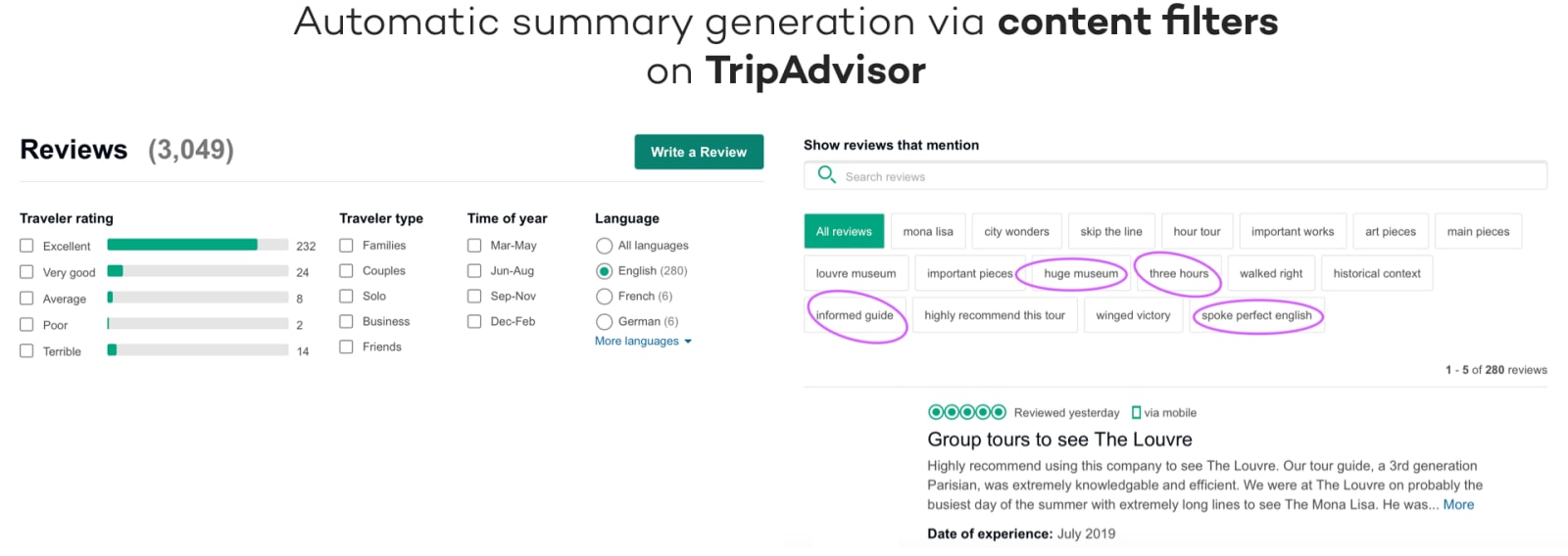 summary generation with content filters