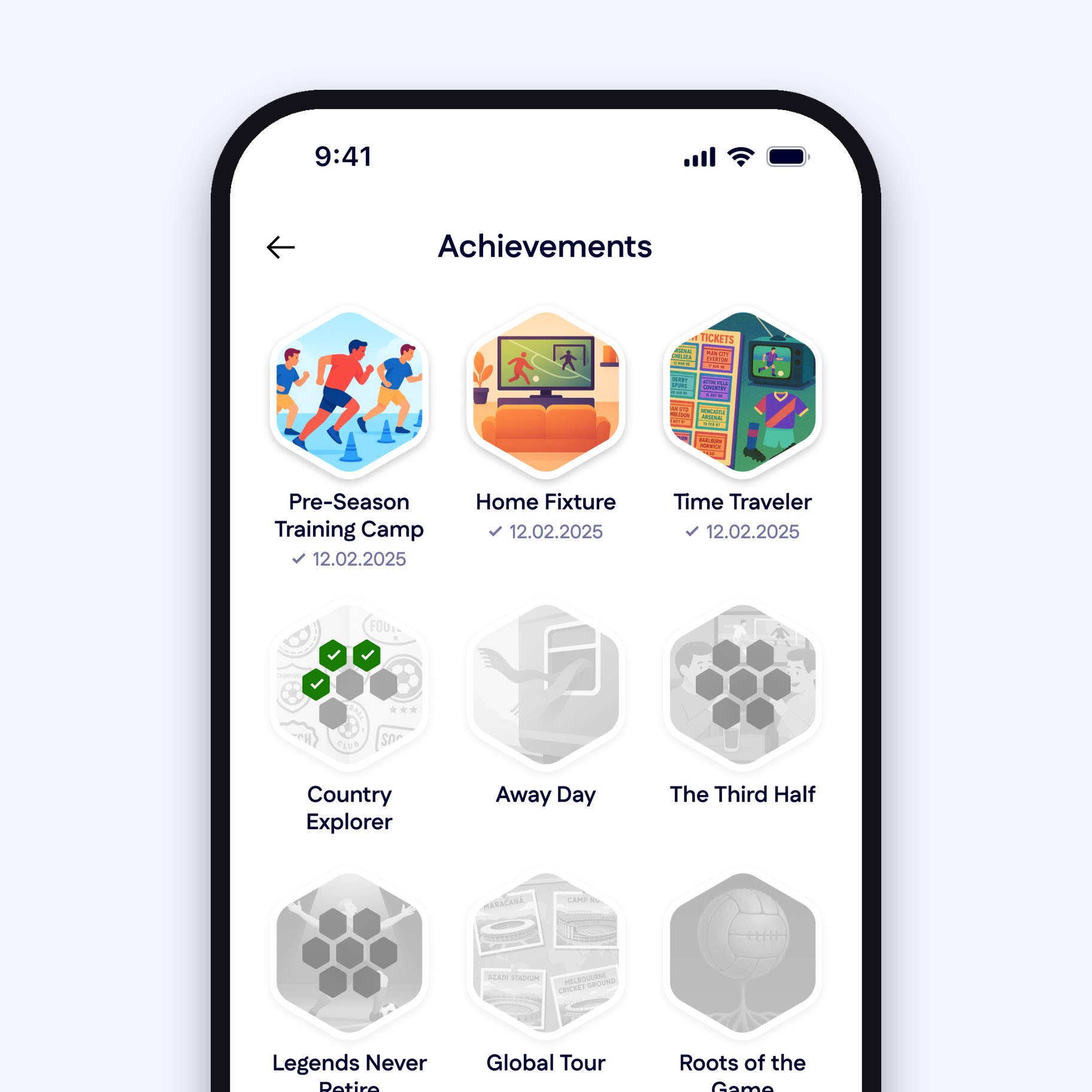 The achievements screen with earned and locked badges