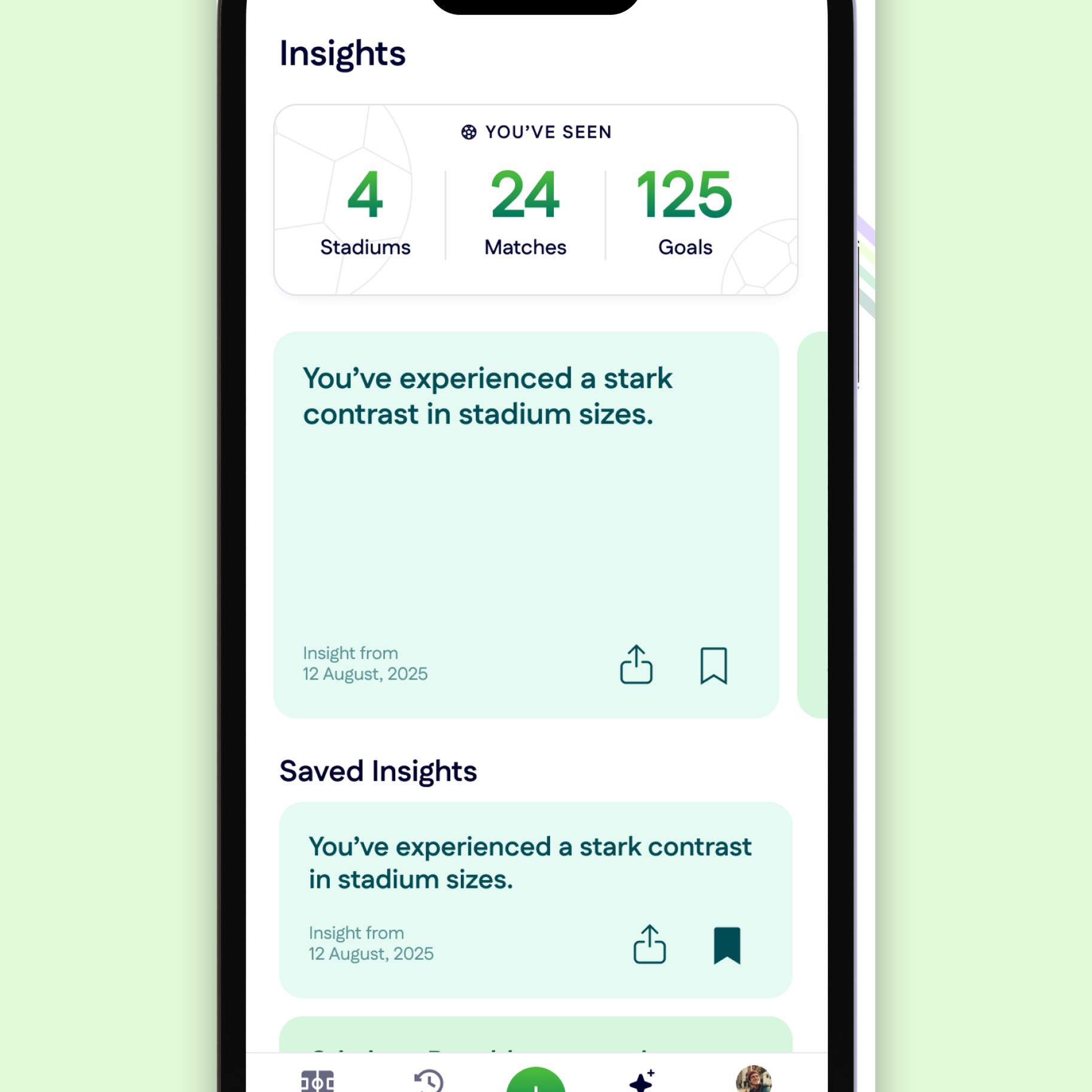 The insights screen showing stadiums, matches and goals seen
