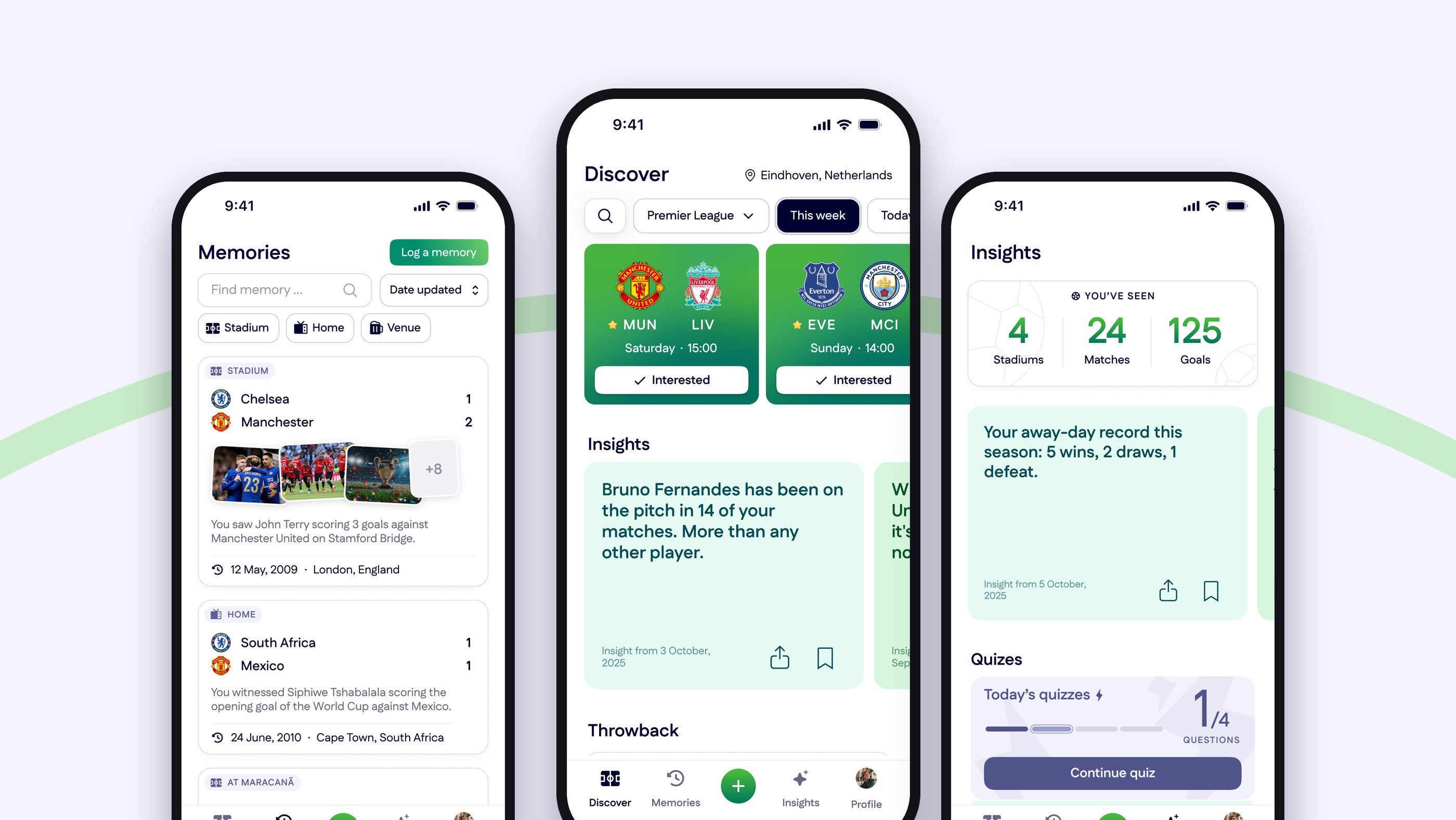The Arenova memories, discover and insights screens