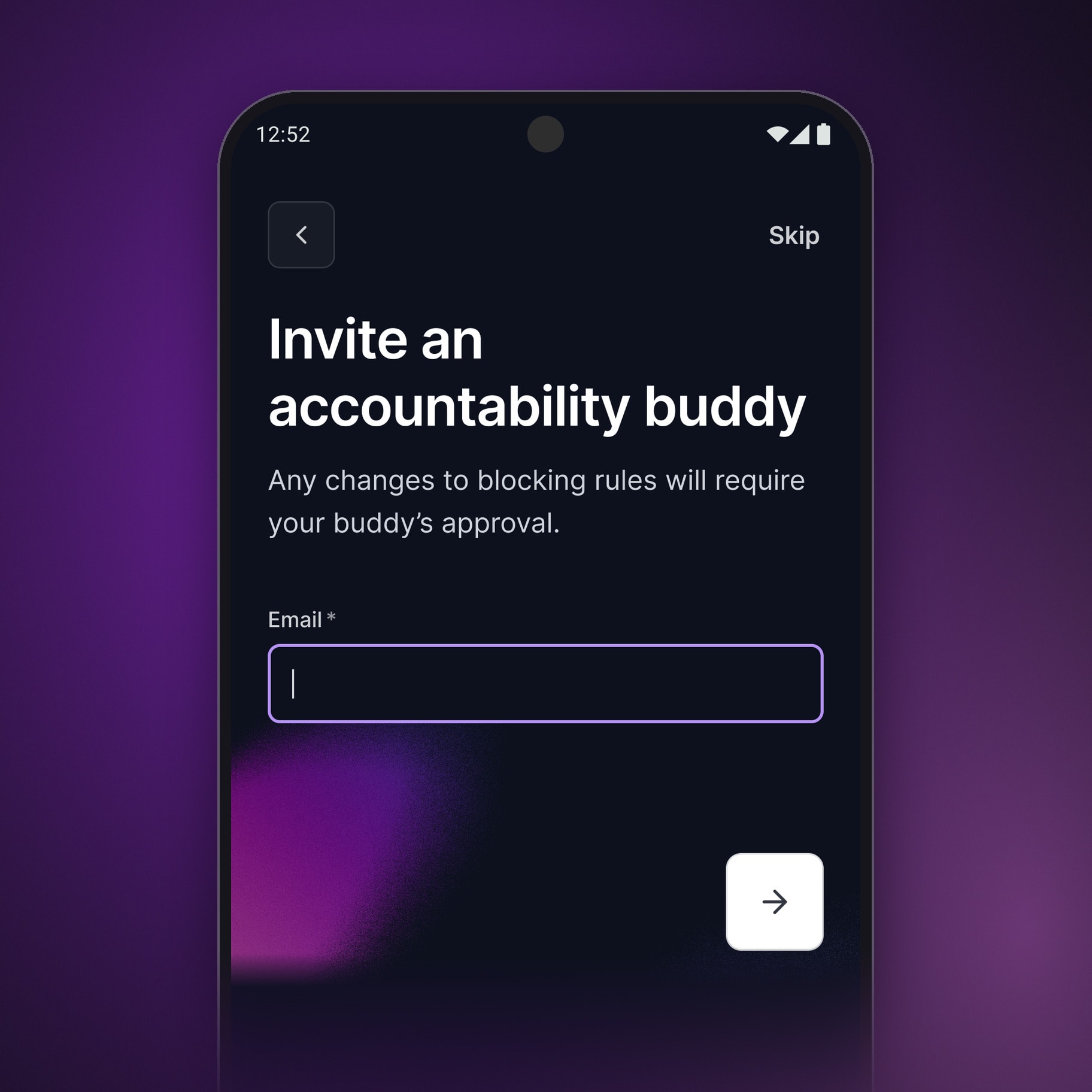 KickIt screen for inviting an accountability buddy by email