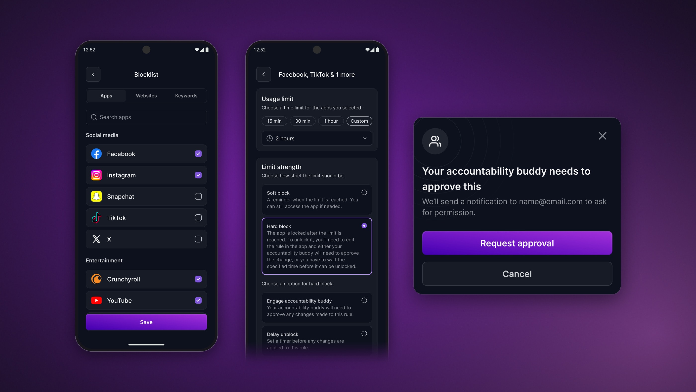 KickIt blocklist, limit settings with a hard block chosen, and the buddy approval request