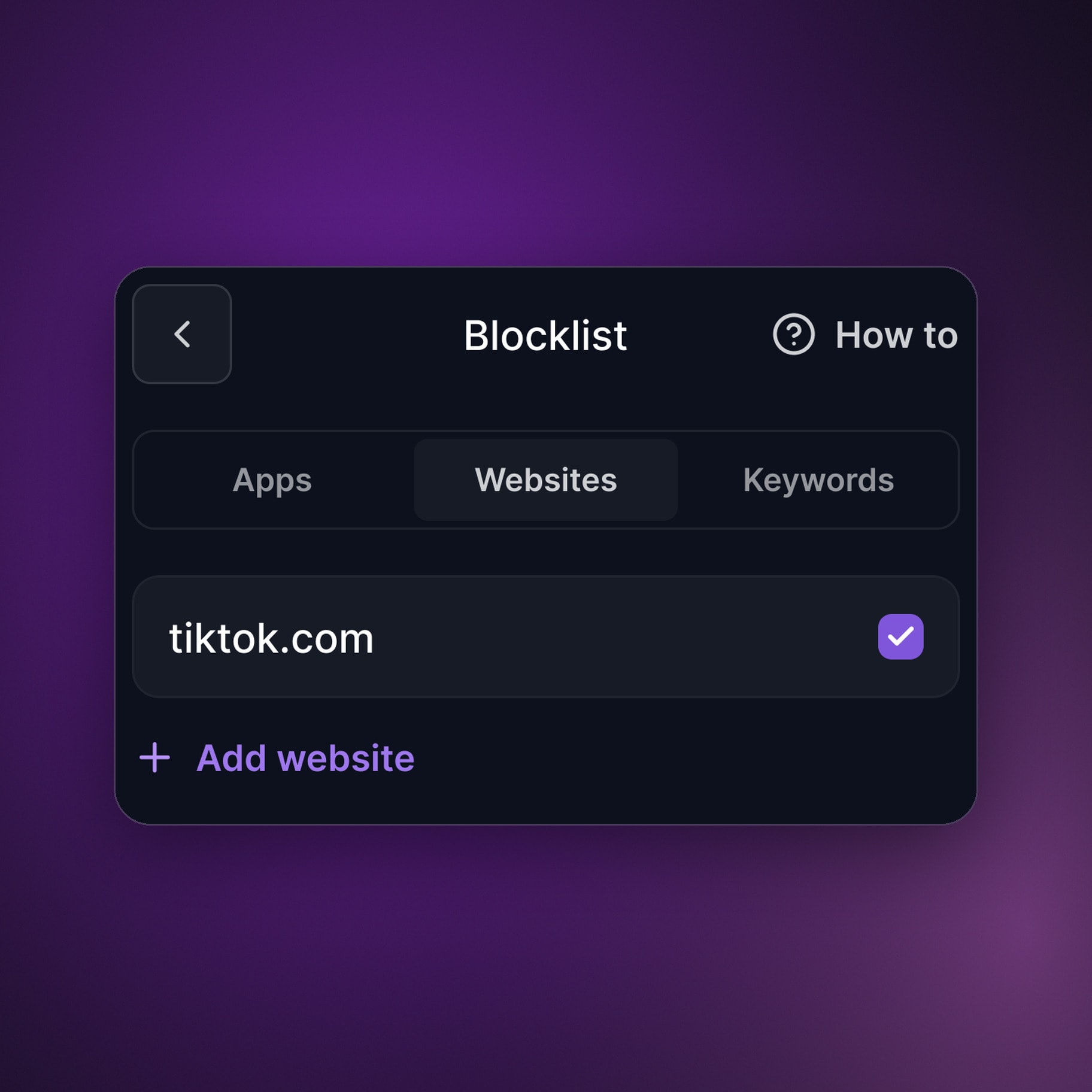 KickIt website blocklist with tiktok.com blocked