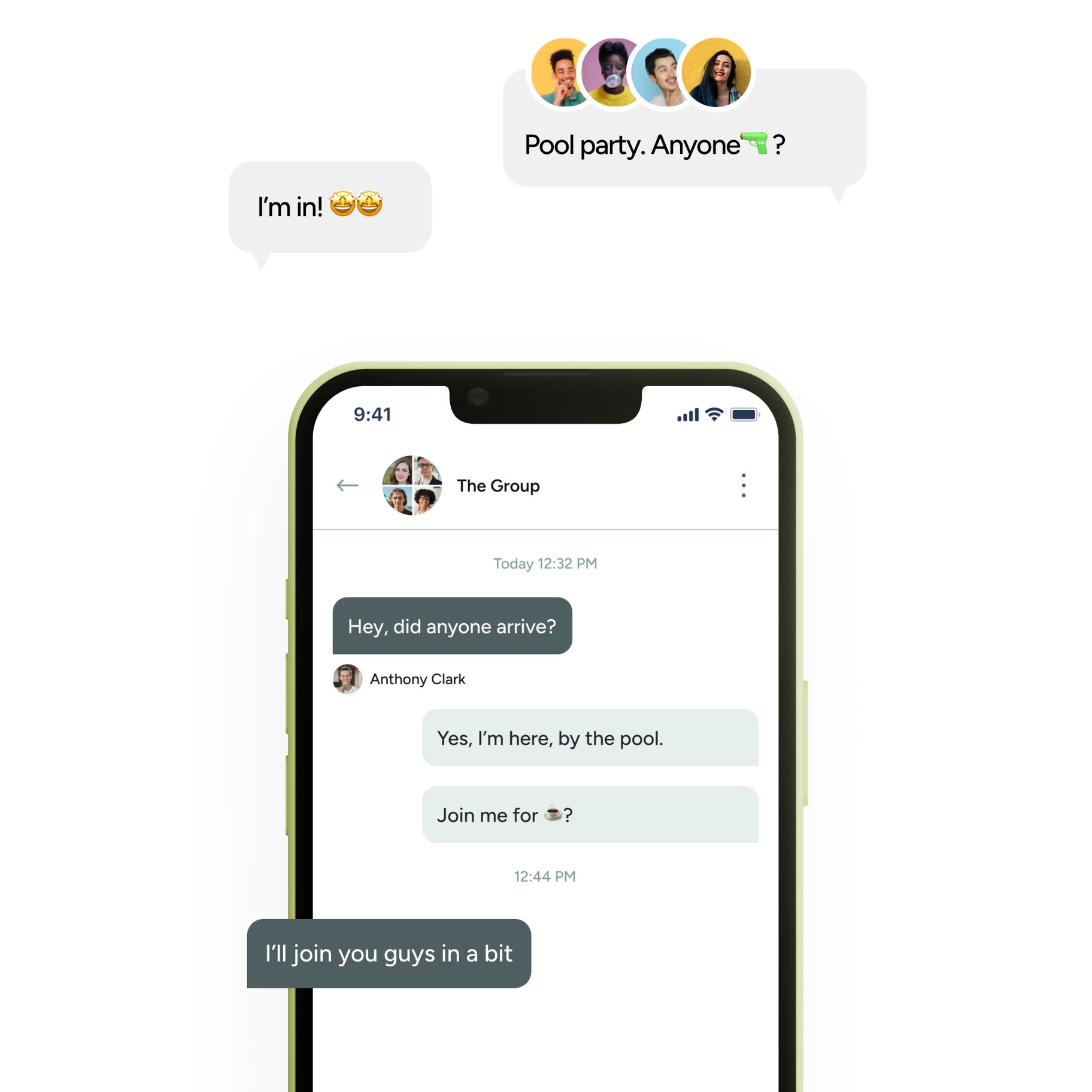 A group chat between wedding guests arriving at the resort