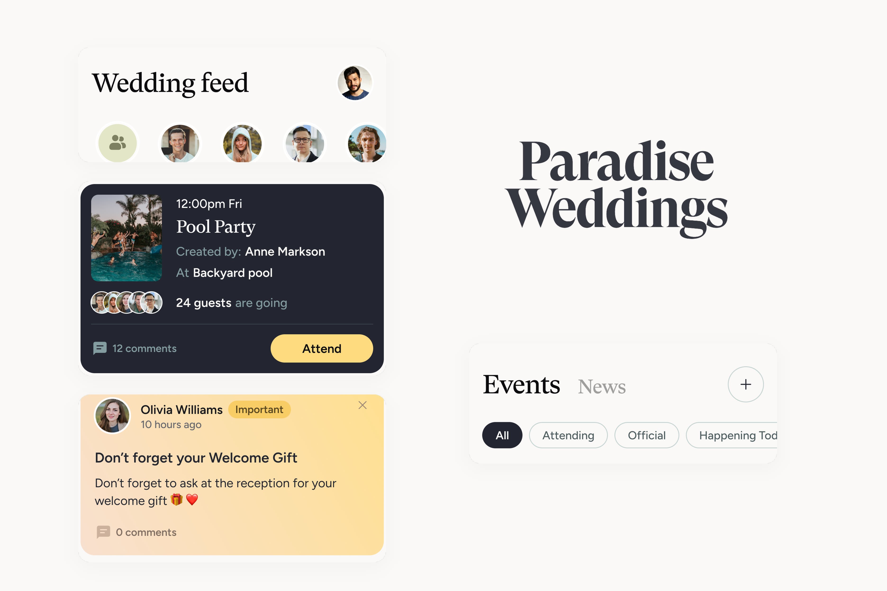 Paradise Weddings components: wedding feed header, event card, announcement card, tabs and the wordmark