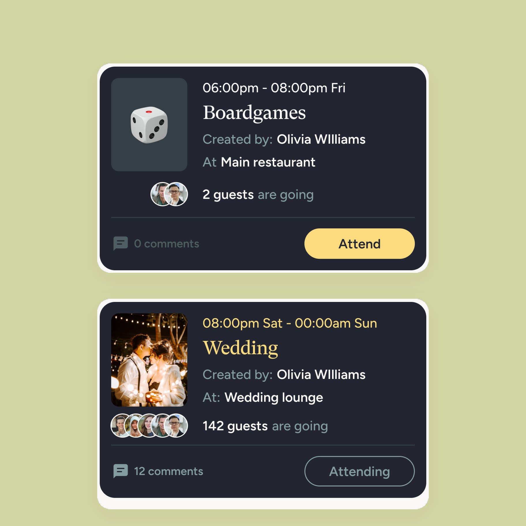 Two night-blue event cards with yellow Attend buttons