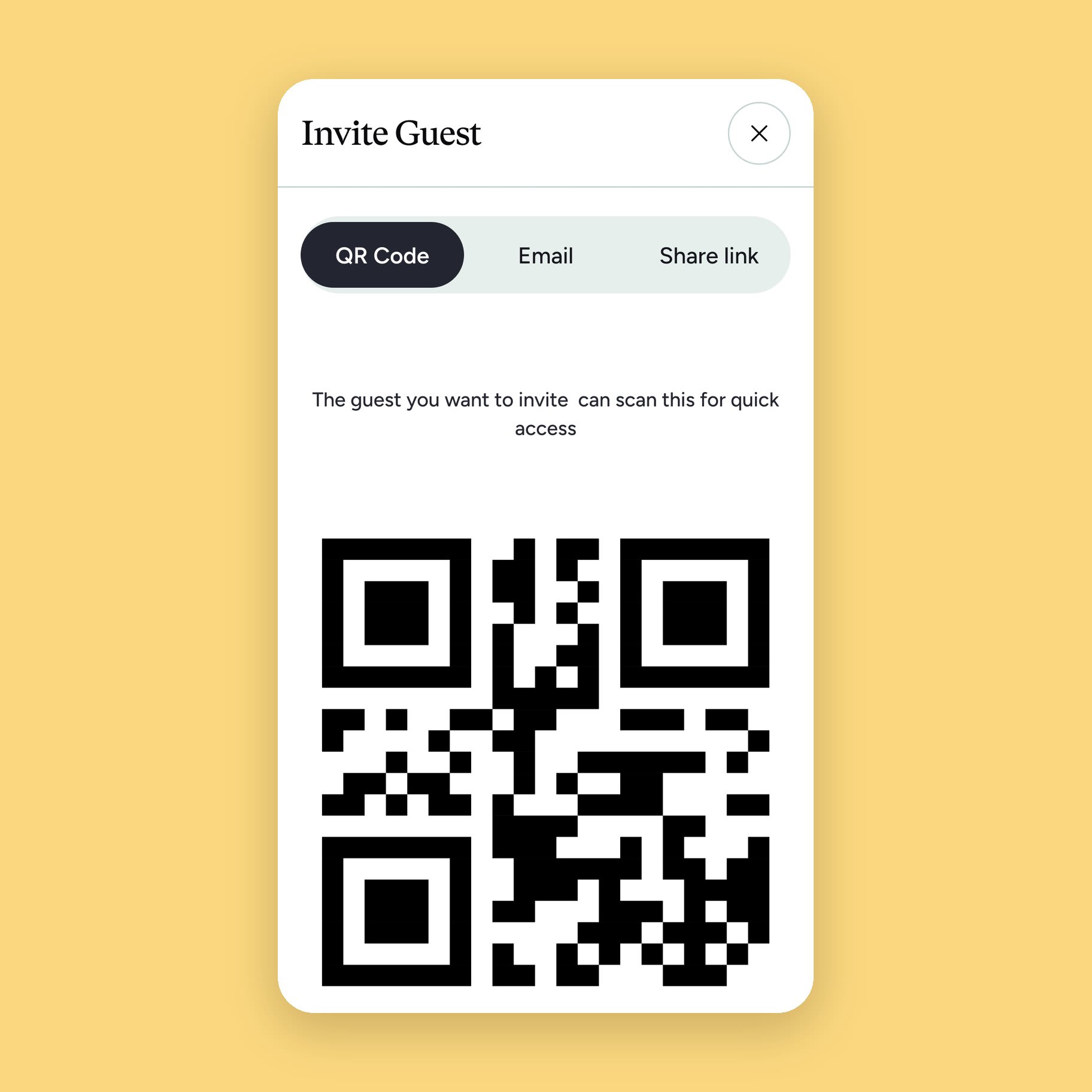 The Invite Guest sheet with QR code, email and share-link options