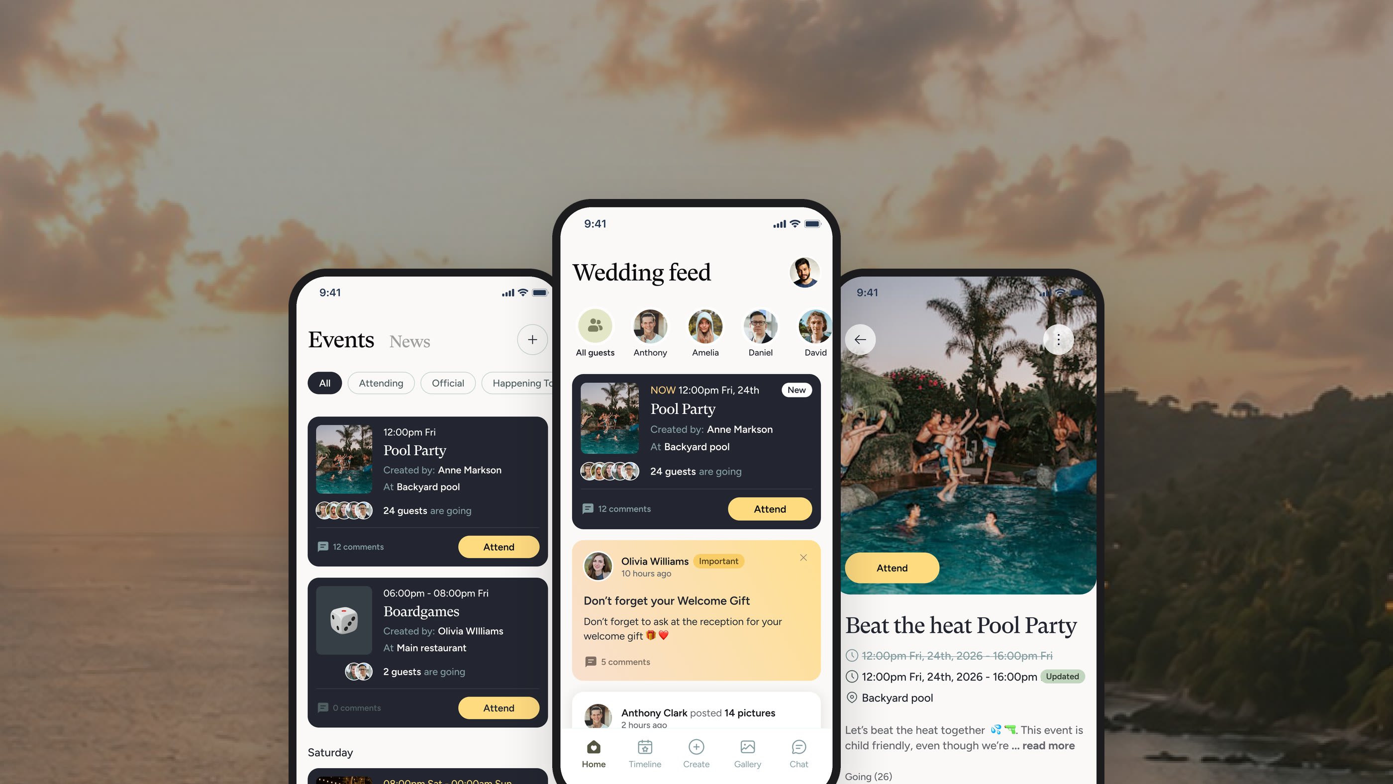 The Paradise Weddings events list, wedding feed and a pool party event on three phones over a tropical coastline at sunset