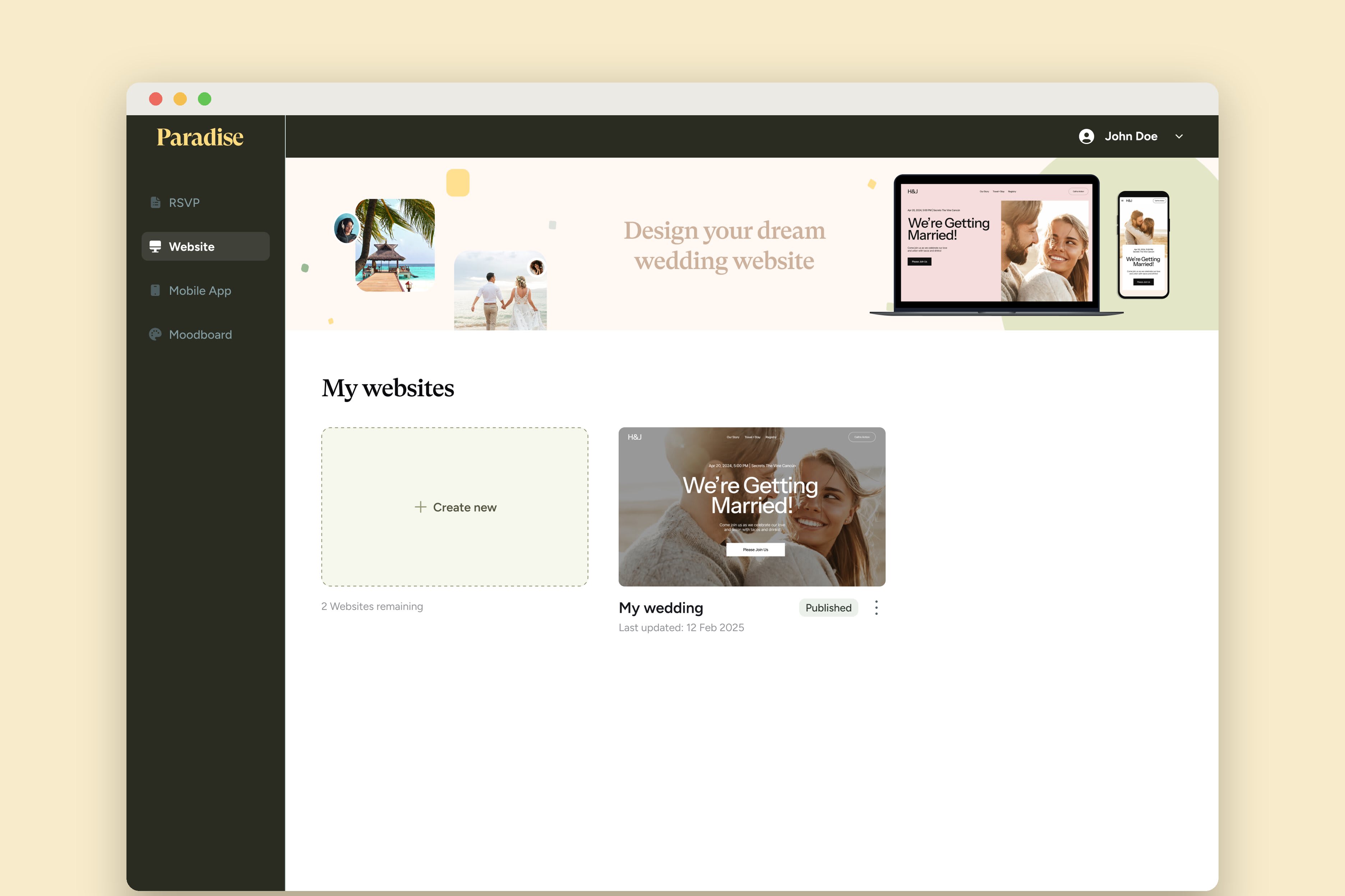 The couple dashboard on the web, with the wedding website they are building